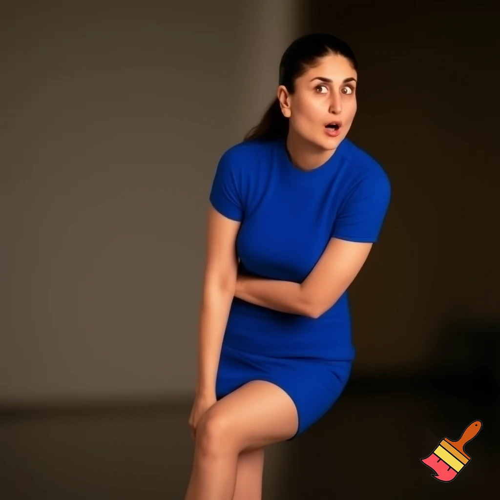 Kareena Kapoor in a short blue dress. Standing with her left leg tightly crossed in front of her right leg, and a worried expression, as if saying "ooooh"