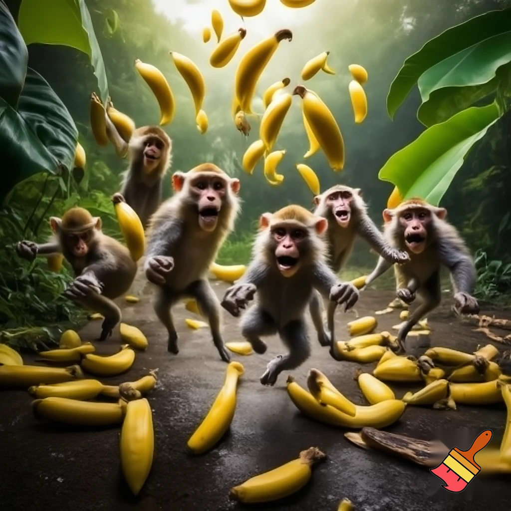 Hazme un grupo de changos bailando mientras llueve plátanos