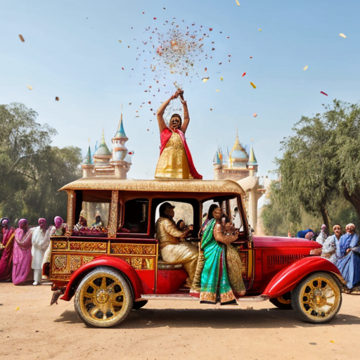 A grand Indian wedding procession called 'Aloo ki Barat' in a vibrant Disney Pixar animated style. A handsome groom potato (Aloo) wearing a golden sherwani and a turban with a feather, sitting proudly on a decorated white horse. A brass band of other potatoes playing trumpets and drums. Dancing potatoes and smiling onions and tomatoes in colorful Indian attire. Confetti falling from bright houses. Intricate details, warm lighting, ultra-wide shot, 8k resolution, cinematic lighting.