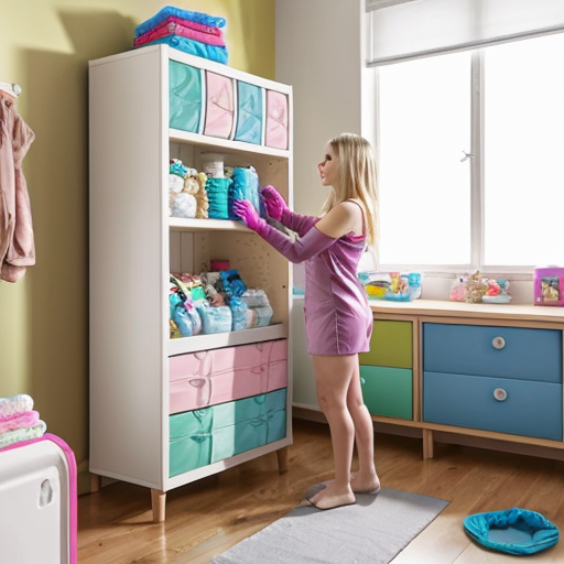 Ein Kinderzimmer mit Wickelkommode. Auf der Wickelkommode liegt ein 160cm großes Mädchen, dass eine volle Pampers-Windel trägt. Vor der Wickelkommode steht eine 21 jährige blonde Frau die Gummihandschuhe trägt. Mit einer Hand drückt die Frau beide Beine des Mädchens hoch, mit der anderen Hand wechselt sie dem Mädchen die Pampers-Windel