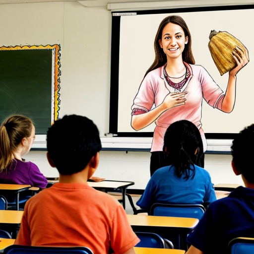 Please create a drawing of a teacher in a classroom holding a yam and the students are pointing, watching, and interacting. Please make the characters pacific islanders