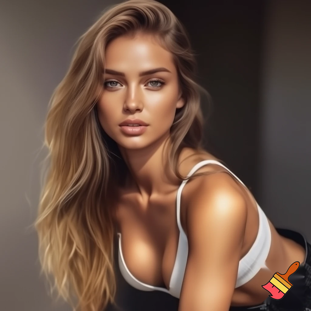 Photorealistic portrait of a woman, approximately 22 years old, with long legs and athletic figure. She has long, naturally flowing light brown blonde hair, oval face, almond-shaped haselnut brown eyes, average eye spacing, slim straight nose, naturally full lips, soft facial features, harmonious proportion, big boobies and delicate, harmonious facial features. Her overall presence is confident, natural, and modern.  Natural daylight. white bikini, black jeans.