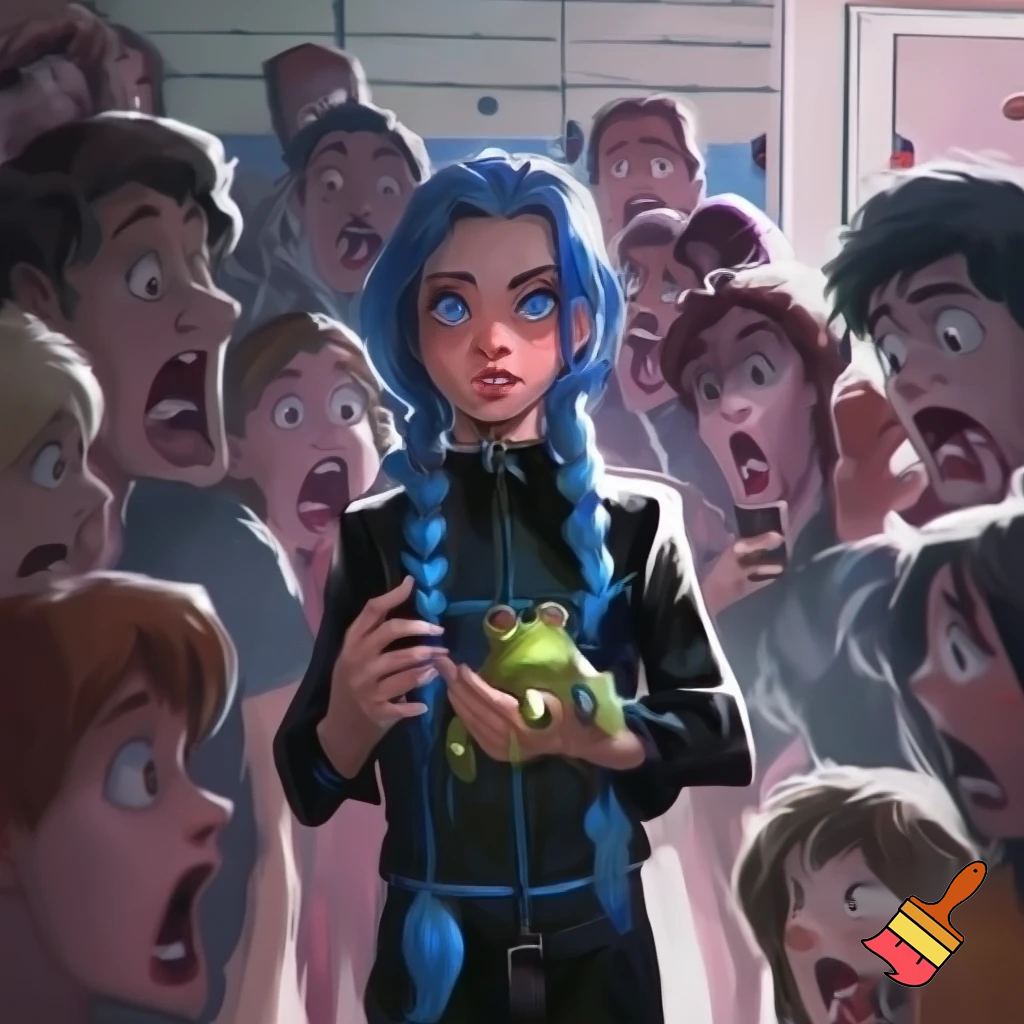 girl with blue braid and has a black jacket with blue eyes holding a frog all the people are looking at the frog scared at shcool the people opened there jaw