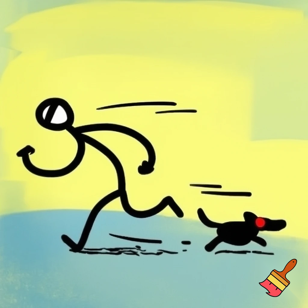 stickman style, ms paint drawing, simple funny cartoon showing a man running away from a dog