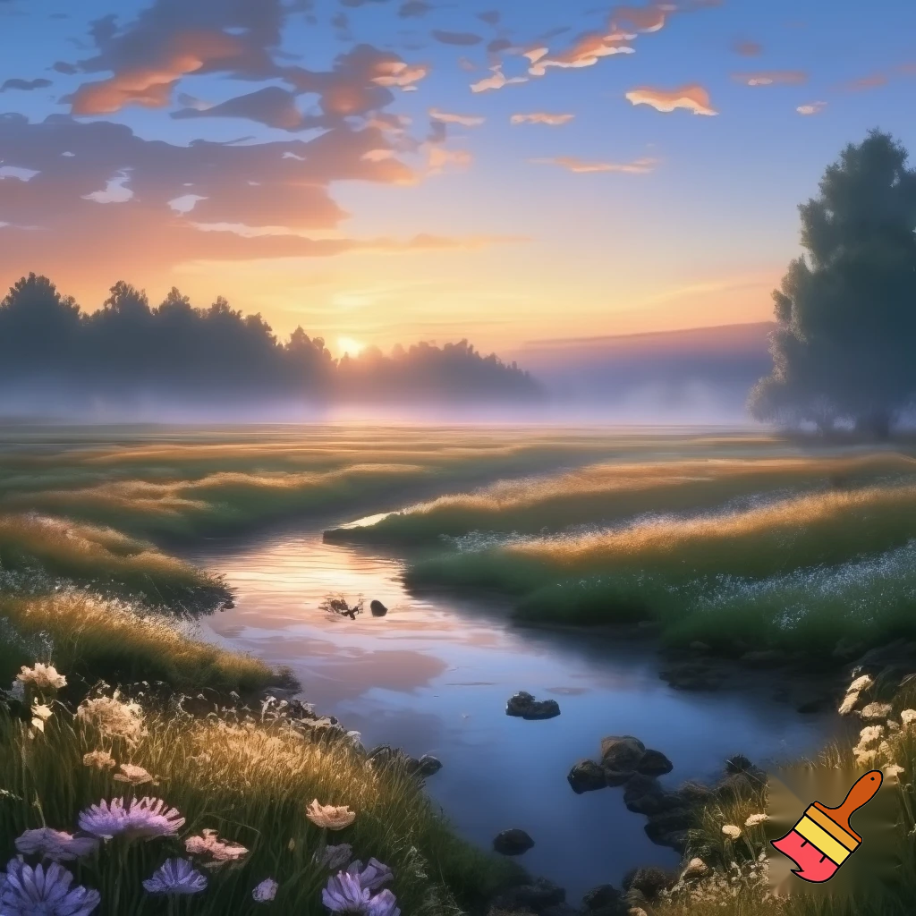 peaceful sunrise in a meadow or brook