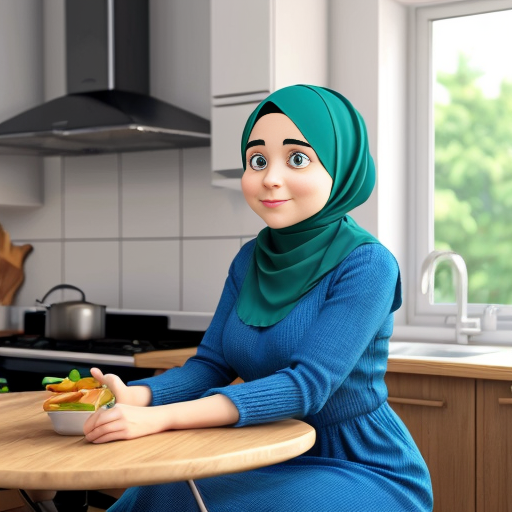 Мультяшный 3D стиль Pixar, упрощённые мультяшные черты, яркие дружелюбные цвета, уютная кухня. Мусульманская мама 35-40 лет, полностью покрыта голубым платьем, округлое мультяшное лицо, большие простые глаза, готовит на плите. Сын, 20 лет, синяя толстовка, чёрные джинсы, короткая мусульманская причёска, мультяшное лицо, большие выразительные глаза, сидит за столом. Постоянный персонаж, одинаковая одежда и причёска, повторяемый дизайн персонажа, кинематографическое освещение.