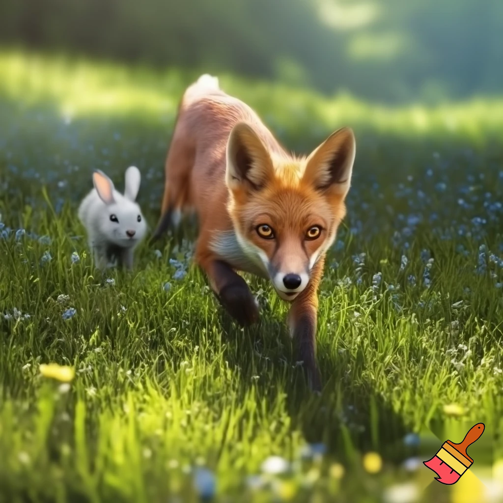 a realistic detailed photo of a fox chasing a a bunny