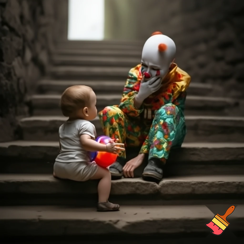 A heartbroken clown sits on an old stone staircase, holding his face with one hand. He wears a vividly decorated, brightly colored costume, full of patterns, with slight wrinkles from wear. In front of him, a young child looks at him, gently offering a ball with one hand while holding a rabbit-shaped balloon in the other hand, near the clown’s. The scene is bathed in soft natural light, creating a calm and melancholic atmosphere, with cinematic depth, detailed textures, and a tender emotional connection between the clown and the child. The image is ultra-realistic, 4k, with full cinematic style