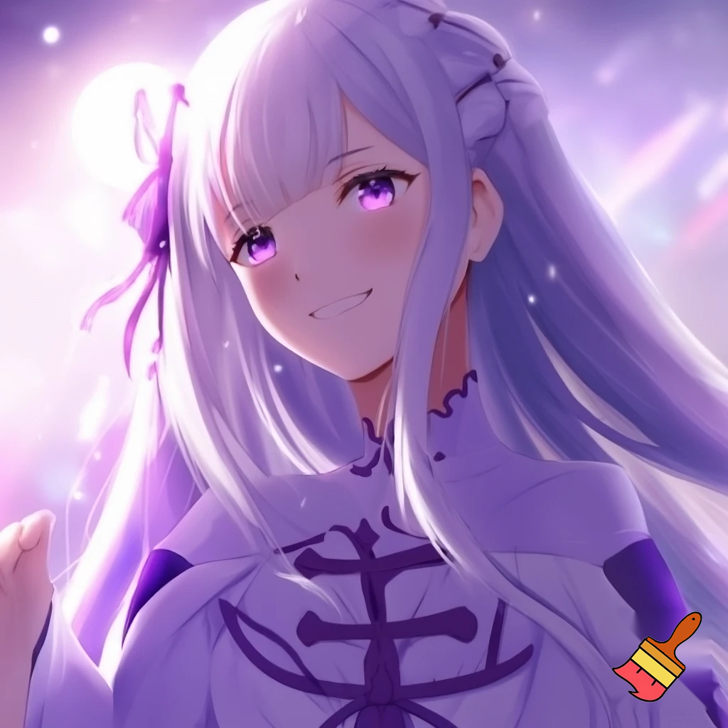 Anime portrait of Emilia from Re:Zero, with long silver hair and purple eyes. She is wearing her iconic white and purple robe, smiling gently. Masterpiece, high quality, vibrant colors, soft lighting, magical atmosphere.