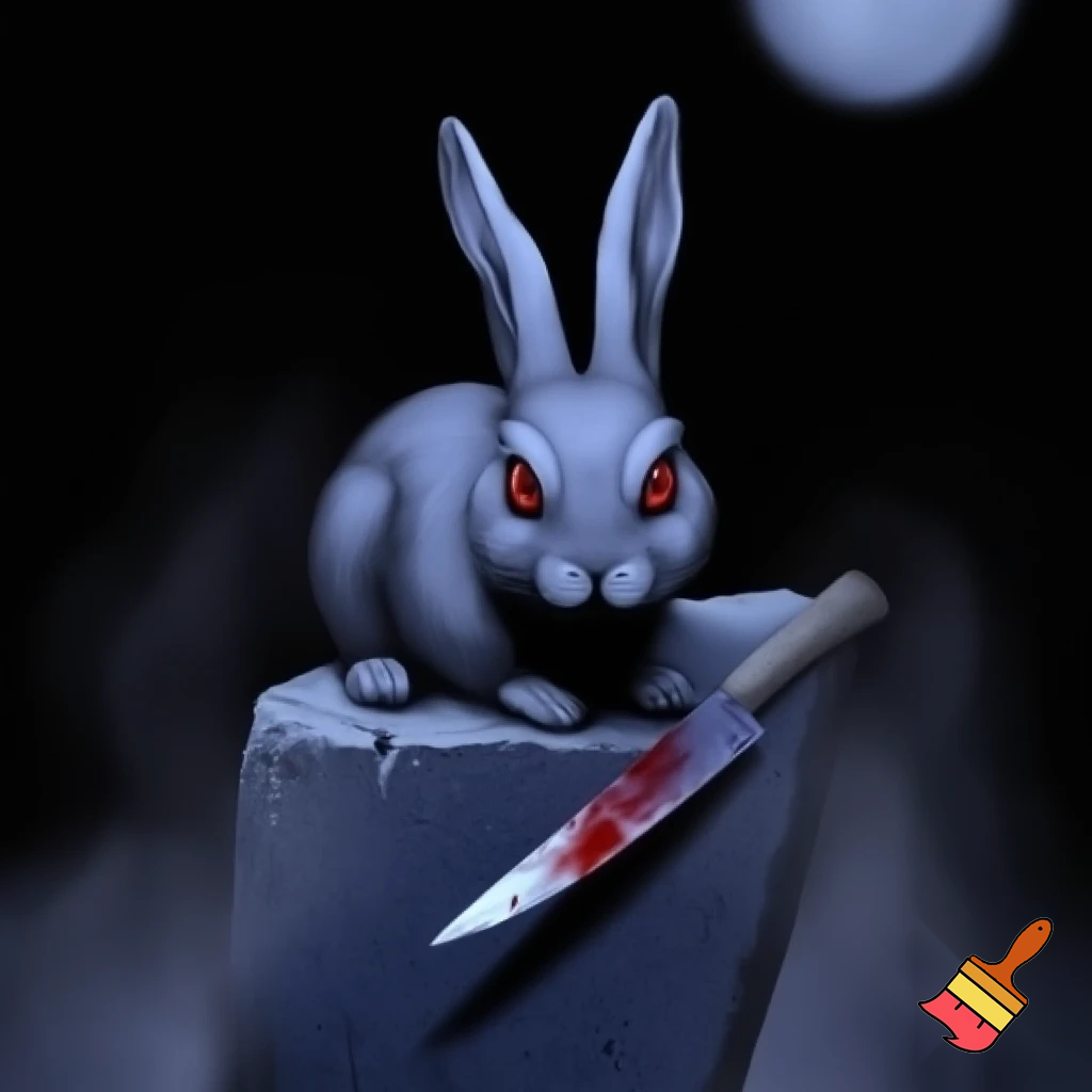 european rabbit, red eyes, bloody knife, black night, on a stone

