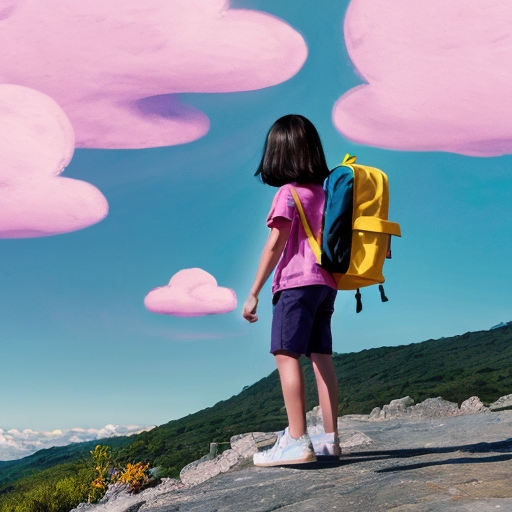 Little Dora purple backpack pink t-shirt orange short pants yellow socks white sneakers on a sitting big cloud in the sky. migration