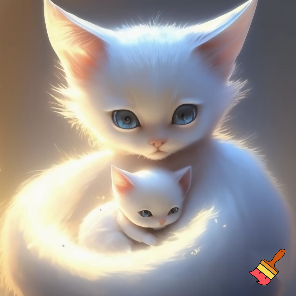 White catgirl holding glowing hybrid baby, white fur sparkling, golden sunlight on face, soft white glow around them, big blue eyes, tail wrapped gently, bright warm portrait, 8k, --ar 1:1 --style raw