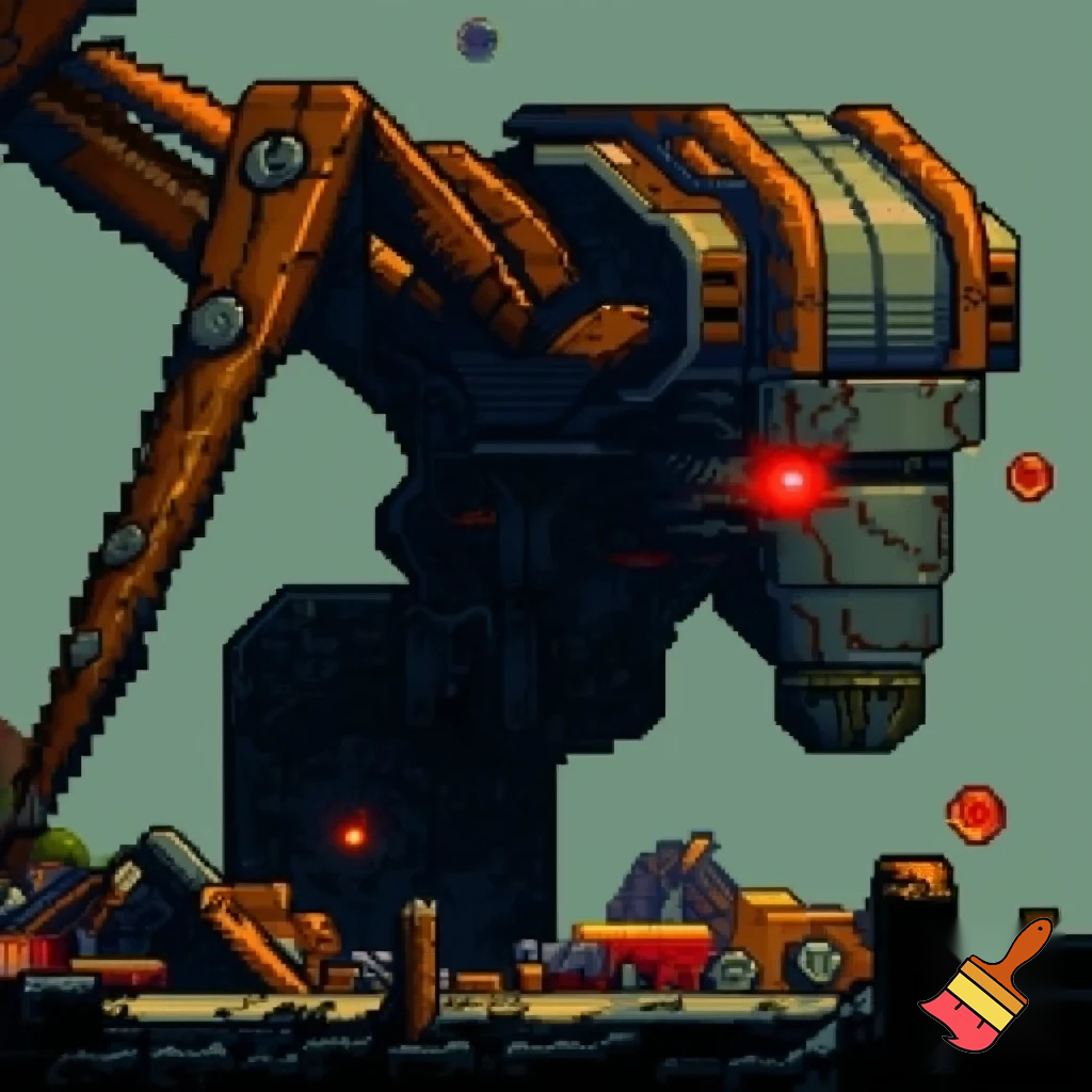 Make a pixel art of a enemy that is a robot crane head and has crane arms is really tall and is found in junkyards they could also shot balls of energy and this is a enemy for jumpbot the main charecters in our game