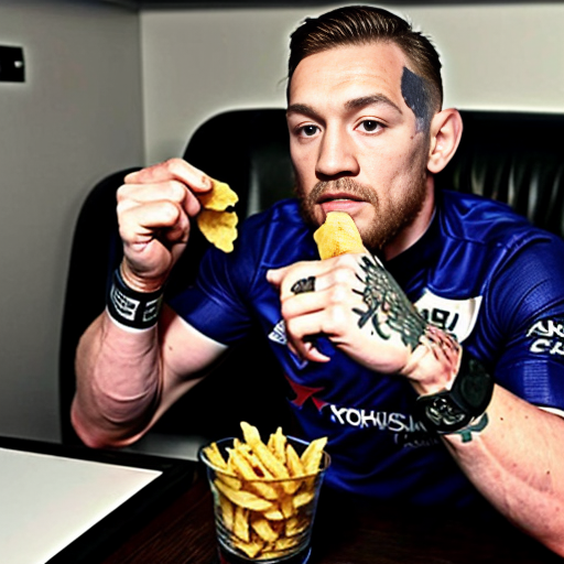 conor mcgregor in a chelsea kit eating chips