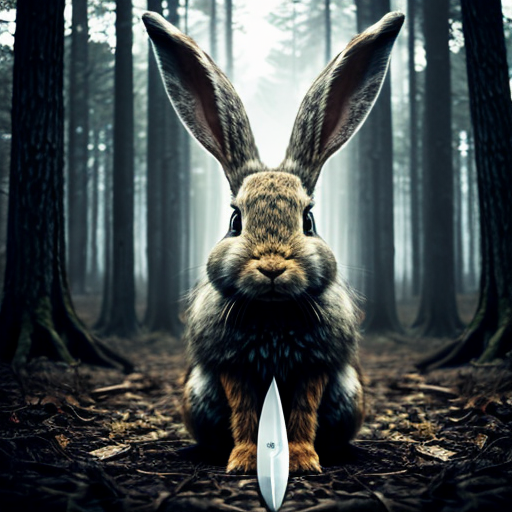 European rabbit, holding knife, dark forest, evil,