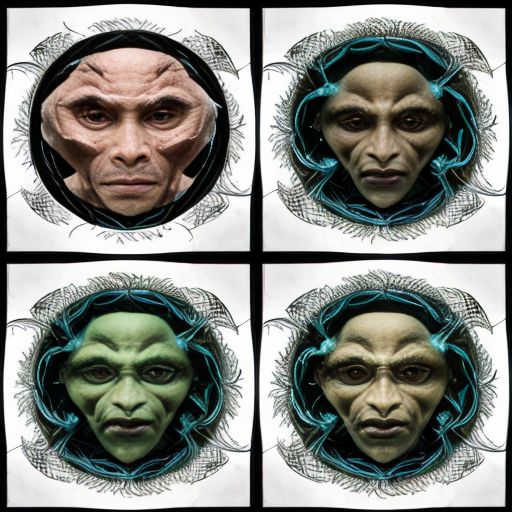 Irreal creaturas sub humana de fractales. 4 paneles. 1, 2, 3, 4. 1: criatura emerge de ti. 2: criatura se alimenta. 3: Blade. 4: la creatura eres tu. Esto en un estilo imposible para un humano