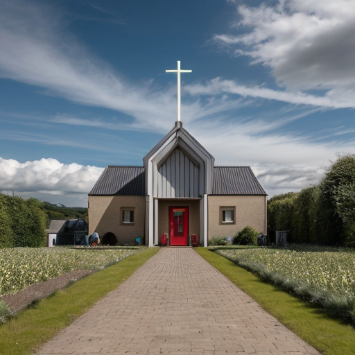 Asland Human peoples and children with sci-fi futuristic clothing at the Asland village with flag of Asland with white field and red-linned black saltire, beige sci-fi futuristic houses with red brick sci-fi futuristic roofs, grey sci-fi futuristic houses with red brick sci-fi futuristic roofs, beige sci-fi futuristic Catholic church with red brick sci-fi futuristic roof, road, gardens, corn fields, meadows taiga forest, hills and cloudy sky in May 2621.