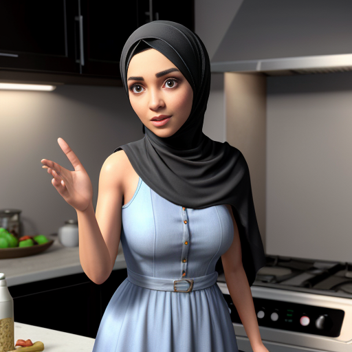 Pixar-style 3D cartoon character, standing at the stove, cooking gesture, exaggerated cartoon features, big expressive eyes, Muslim woman 35-40 years old, fully covered in wide light blue dress, loose modest clothing, headscarf covering all hair, no sexualized features, gray background, simple cartoon style