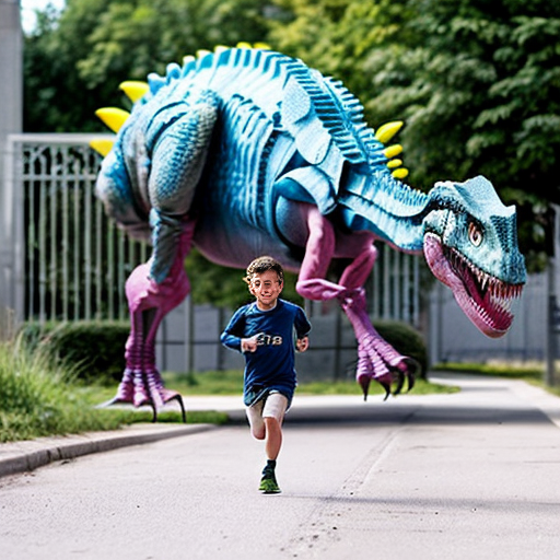a kid running from a dinasour getting ride by a human
