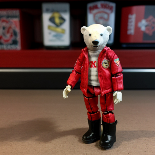 Action figure, animatronic polar bear cub with red hair, red jacket with 2 racing flags, red pants, and black boots