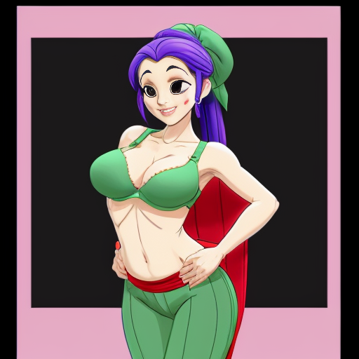 90's disney's 2d aladdin style comic dark black background and panels of 
panel 1 purple haired Ponytail shantae with red harem pants and red bra and red curved slippers with both hand palms place together and hiding the bottom of her mouth with a red veil wrapped around her arms and shoulders. 
panel 2 she danced with red harem pants with red bra and red curved slippers and red veil wrapped around her arms and shoulders and raising legs and bounced up and down her belly and shook her hips left and right. 
panel 3 as Shantae with red harem pants and red bra and curved red slippers spreading her arms, happily revealing her face to the viewer and giving a smile as she turns around shook her butt left and right. Panel 4 as purple haired Ponytail shantae with red harem pants and red bra and red curved slippers started to fading away , except her belly, which is bouncing around. 
Panel 5 then the ball transforms into the fading in belly of green haired Ponytail shantae with light green skin and green harem pants and green bra and green curved slippers and green veil wrapped around her arms and shoulders with her swaying her hips. 
Panel 6 green haired Ponytail shantae with light green skin and purple harem pants and green bra and green curved slippers and green veil wrapped around her arms and shoulders and with her hand palms place together between her chest and she gives a smile and winking her left eye. 