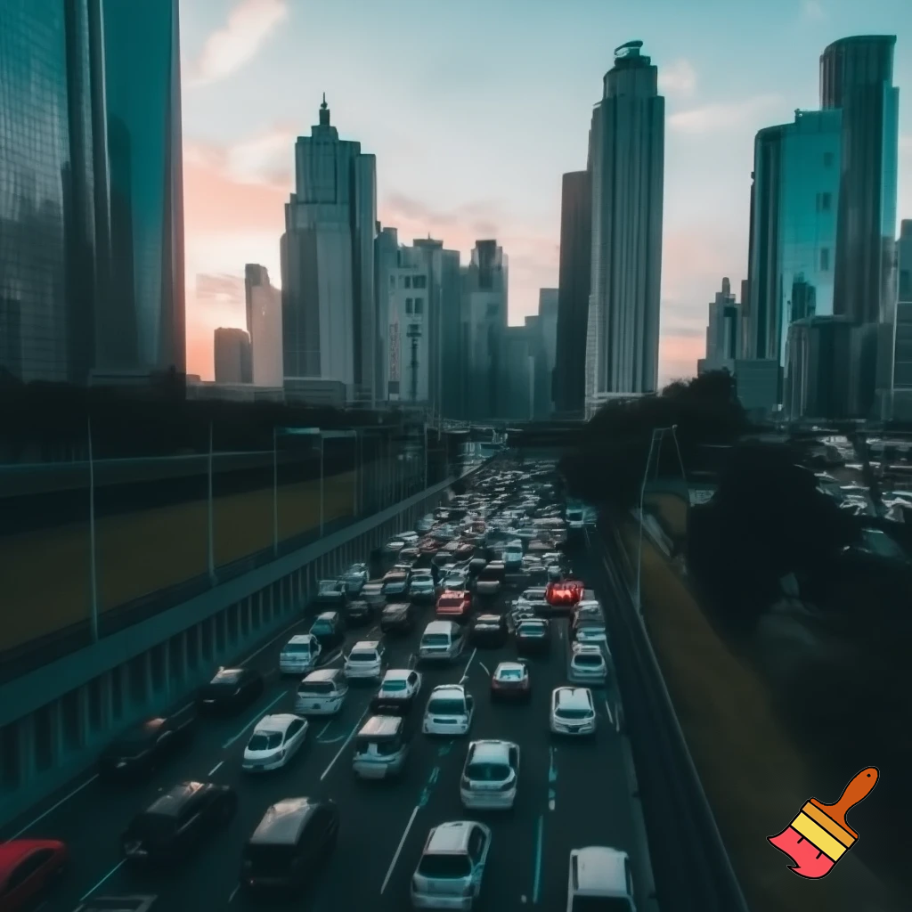 The background is skyscrapers. and among these buildings, there are lots of flying cars in the traffic jam. The sun should be seen in the photo. but I want it to be so big that we cannot see in real life. Chaotic environment is the necessity. 