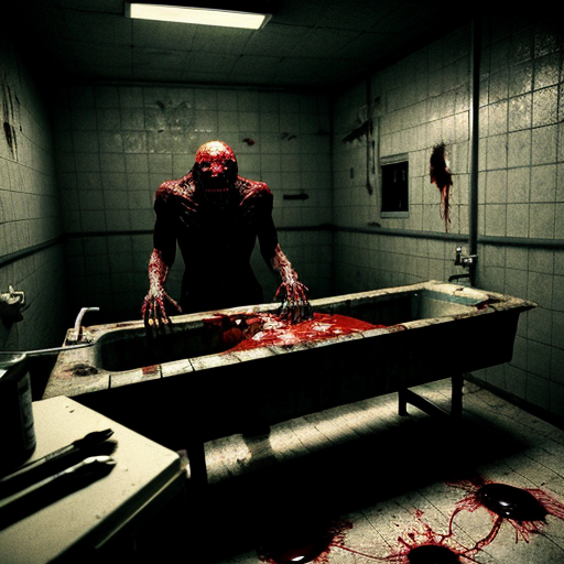 photorealistic horror scene in an abandoned hospital morgue autopsy room, 1980s institutional green tiled walls covered in fresh blood splatter and dripping gore, fluorescent ceiling lights flickering dimly, cold clinical atmosphere, central grotesque eldritch monster standing upright, tall humanoid body composed of writhing dark fleshy tendrils and organic black biomass, octopus-like head with mass of thick slimy tentacles instead of face, no eyes or mouth visible just writhing cephalopod appendages, dripping viscous black ichor and blood, decayed rotting texture on the creature, extremely detailed wet slimy skin and muscle fibers, standing in a large pool of fresh blood on the tiled floor, autopsy table in background with mutilated naked human corpse lying on it, realistic dissected body, exposed organs, blood pooling and dripping off edges, blood trails and smears everywhere, surgical tools scattered, rusty metal sink and lamp, hyper-detailed textures, cinematic horror lighting with harsh shadows and volumetric fog, ultra realistic, photorealistic, 8k, RAW photo, horror movie still, disturbing atmosphere, gore, extreme detail, no censorship