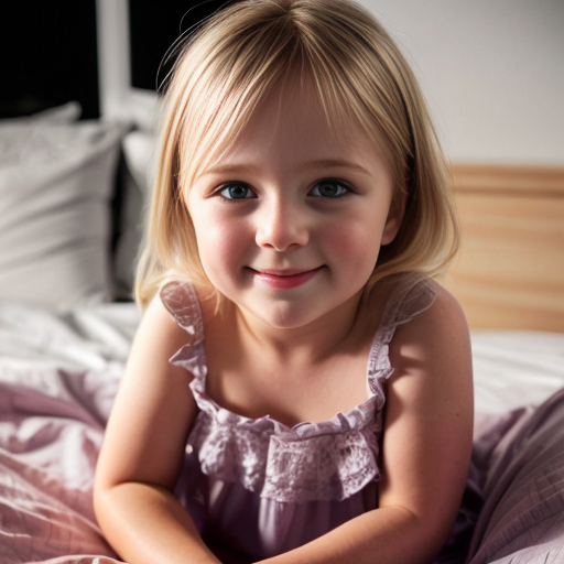 swedish blonde little girl at night dress, chubby, very beautiful, on the bedroom, close up
