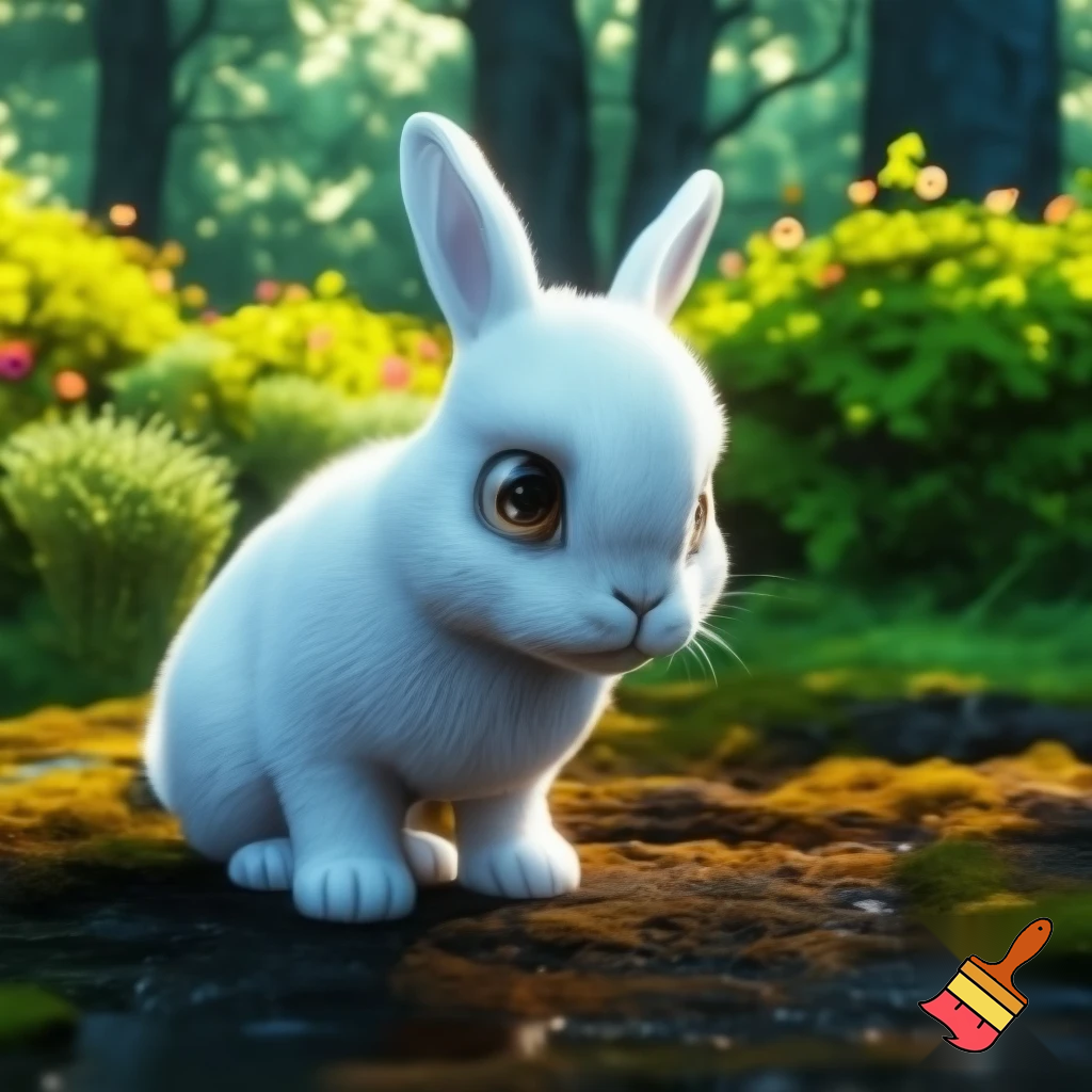 "Cartoon-style illustration of Minu the rabbit sitting alone on the forest ground, tears in eyes, looking sad and hopeless. Bright, colorful forest background with sunlight and bushes. Emotional, child-friendly. Character must match in all scenes."