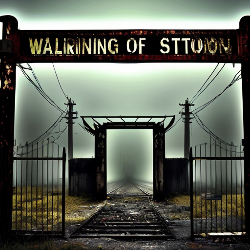 rusty gate of abandoned station, warning sign hanging crooked, night fog, horror mood