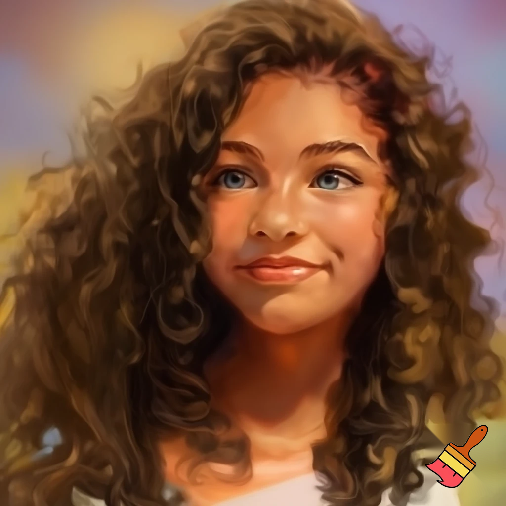 A 12 year old girl with curly hair blue eyes with tan skin