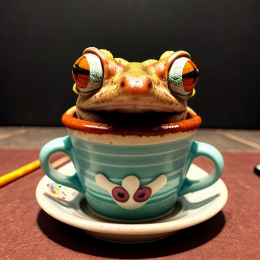 A hillarious, funny boho toad with some hippie colored coffee cups. Psychedelic decorated background, hyperrealistic. Close-up view.