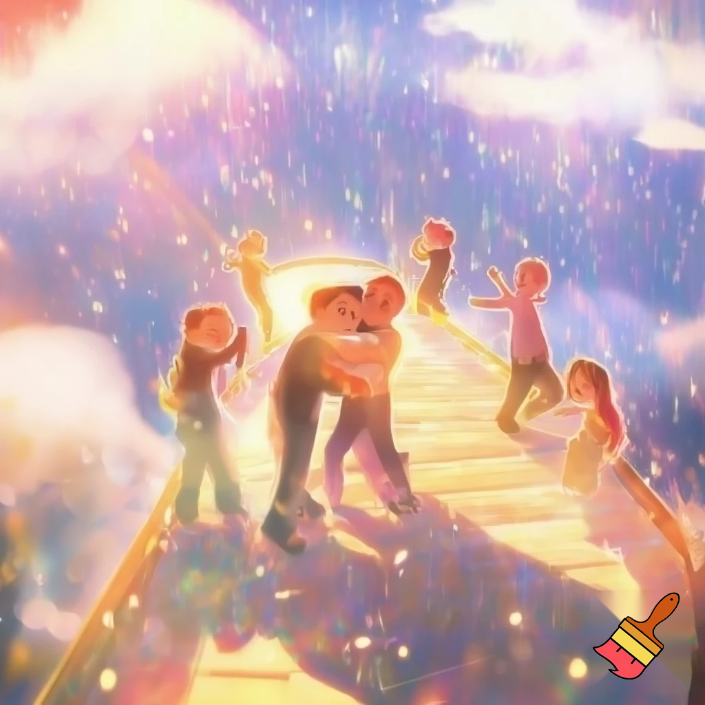 reuniting with friends on glowing floating pathway, laughter represented as colorful sparkles, warm magical sunlight, dreamy happiness”