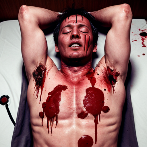 A corpse shirtless man, died, face are hiding by shirt, eye closed, chest fully opened wounded, blood everywhere.