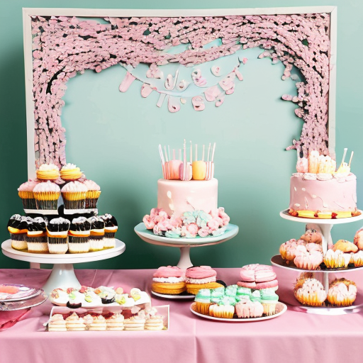 Spring-themed dessert table celebrating the new semester, cherry blossom decorations, pastel pink and white colors, cute cakes, macarons, cupcakes, sakura petals scattered, soft ambient sunlight, cozy and charming, artistic illustration, whimsical and detailed, crayon and pastel texture style