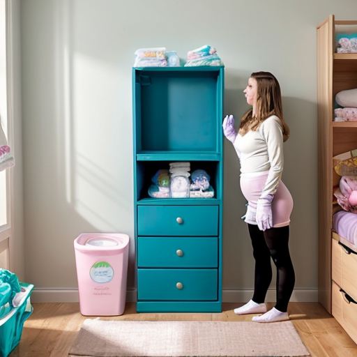 Ein Kinderzimmer mit Wickelkommode. Auf der Wickelkommode liegt ein 160cm großes Mädchen, dass eine volle Pampers-Windel trägt. Vor der Wickelkommode steht eine 21 jährige blonde Frau die Gummihandschuhe trägt. Mit einer Hand drückt die Frau beide Beine des Mädchens hoch, mit der anderen Hand wechselt sie dem Mädchen die Pampers-Windel