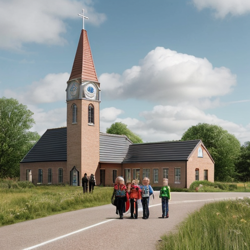 Asland Human peoples and children with sci-fi futuristic clothing at the Asland village with flag of Asland with white field and red-linned black saltire, beige sci-fi futuristic houses with red brick sci-fi futuristic roofs, grey sci-fi futuristic houses with red brick sci-fi futuristic roofs, beige sci-fi futuristic Catholic church with red brick sci-fi futuristic roof, road, gardens, corn fields, meadows taiga forest, hills and cloudy sky in May 2621.