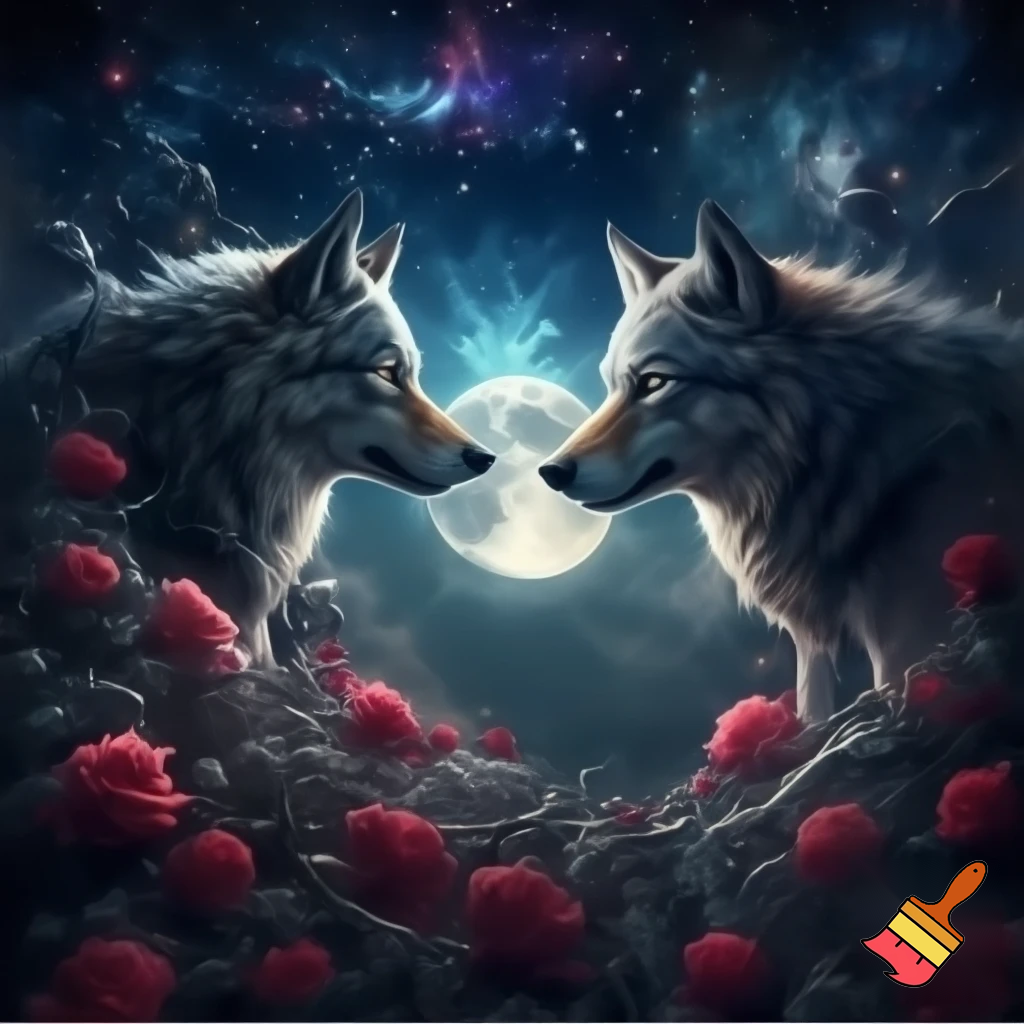 Mystical illustration for a 50x60 inch blanket, featuring two wolves facing each other under a glowing full moon, surrounded by roses, vines, stars, and celestial symbols; filling the entire space to the edges. No borders or frames.