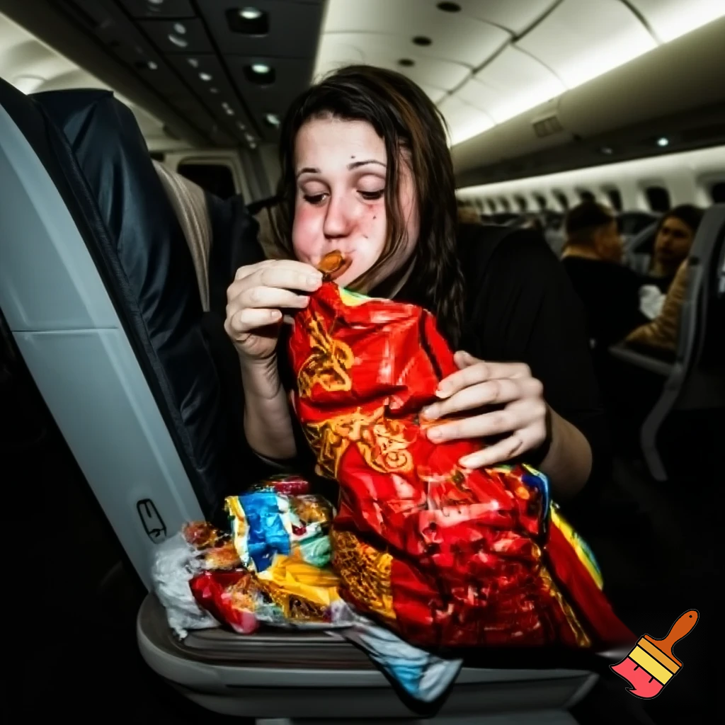 woman in a plane eats alot of hot cheetos she turned fat the inpoley came  in and she eat all her snacks