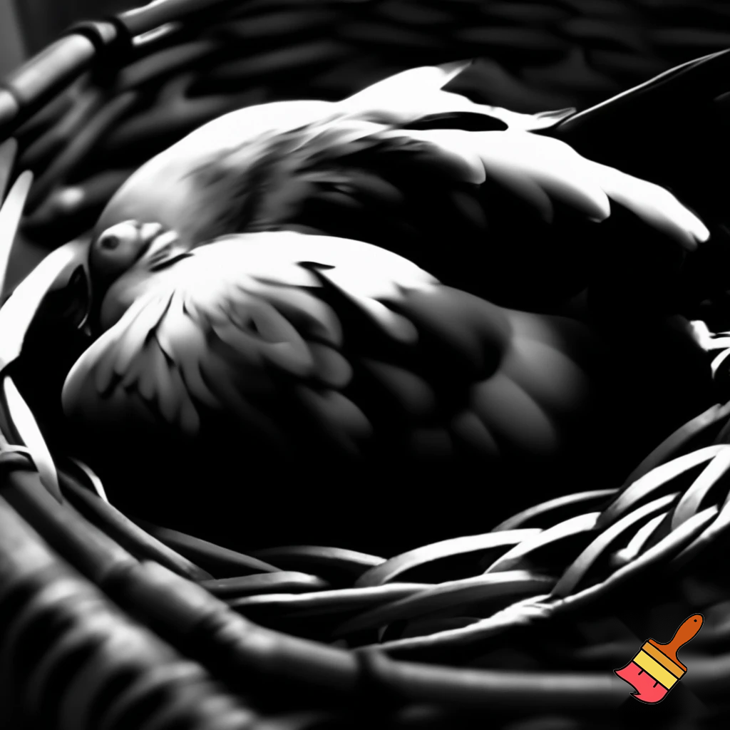 Piccione bianco e nero che dorme in una cesta