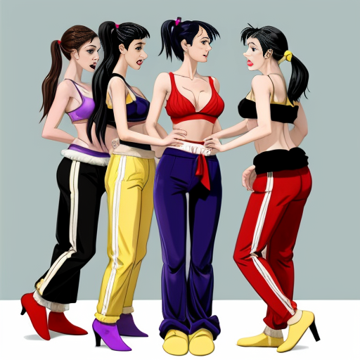 90's disney's 2d aladdin style comic black background and panels of 
panel1 a black haired ponytail woman with yellow skin,yellow and purple striped harem pants and purple bra and purple curved slippers and a black haired ponytail woman with blue skin,blue and red striped harem pants red bra  and red curved slippers both swaying hips in front of viewer with their both hand palms place together and hiding the bottom of her mouths while walking side to side towards each other.  
panel 2 then both the black haired ponytail woman with blue skin,blue and red striped harem pants red bra and red curved slippers and the black haired ponytail woman with yellow skin,yellow and purple striped harem pants purple bra and purple curved slippers bump each other by the butt.
panel 3 but both the black haired ponytail woman with blue skin,blue and red striped harem pants red bra and red curved slippers and the black haired ponytail woman with yellow skin,yellow and purple harem pants purple bra and purple curved slippers are merged and conjoined together by the pelvis.
Panel 4 then both the black haired ponytail woman with blue skin,blue and red striped harem pants red bra and red curved slippers and the black haired ponytail woman with yellow skin,yellow and purple striped harem pants purple bra and purple curved slippers begin pulling and stretching their merged hips apart.
Panel 5 however the black haired ponytail woman with blue skin, with red bra and red curved slippers conjoined with the black haired ponytail woman with yellow skin,purple bra and purple curved slippers with red and purple striped harem pants fail.
Panel 6 and the conjoined black haired ponytail woman with blue skin,red bra and red sash and pink curved slippers and black haired ponytail woman with yellow skin,purple bra and pink sash and purple curved slippers with red and purple striped harem pants stretch back  together.