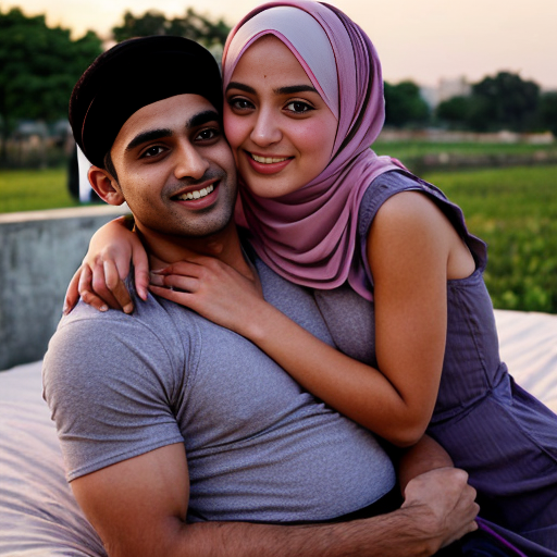 cute Muslim girl in a vibrant hijab and a handsome Hindu boy with tanned skin and a muscular build, both in a park during sunset. The girl rests her head on his chest, smiling happily, while he holds her protectively, conveying a sense of safety and intimacy. The background features soft colors and a warm atmosphere,she should be tall too but not taller than him,cute and romantic on bed not open fields,she shouldn't be chubby ,just slum and mid and must be cute and romantically digging into him for comfort,yeah amd expose her a little ,she doesn't need to be dress packed like a cake,put her in more exposed dress on bed 
