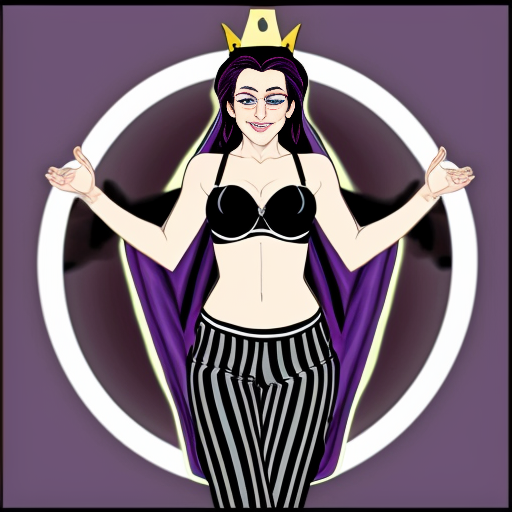 90's disney's 2d aladdin style comic dark blue background and panels of panel 1 the evil queen with purple and black striped harem pants and bra and purple curved slippers with both hand palms place together and hiding the bottom of her mouth with a purple and black striped veil wrapped around her arms and shoulders. 
panel 2 she danced with purple and black striped harem pants barefoot with purple and black striped bra and purple curved slippers and purple and black striped veil wrapped around her arms and shoulders and raising legs and bounced up and down her belly and shook her hips left and right. 
panel 3 as the evil queen  with purple and black striped harem pants and bra and purple curved slippers with purple and black striped veil wrapped around her arms and shoulders then spreading her arms, happily revealing her face to the viewer and giving a smile as she  shook her belly left and right. 
Panel 4 the evil queen  with purple and black striped harem pants and bra and veil wrapped around her shoulders and arms with purple curved slippers started to fading away , except her belly, which is bouncing around. 
Panel 5 then the ball transforms into the fading in belly of shego with rainbow striped harem pants and bra and rainbow veil wrapped around her arms and shoulders and red and pink curved slippers with her swaying her hips. 
Panel 6 shego  with rainbow harem pants and rainbow bra and rainbow veil wrapped around her arms and shoulders and with red and pink curved slippers and with her hand palms place together between her chest and she gives a smile and winking her left eye.  