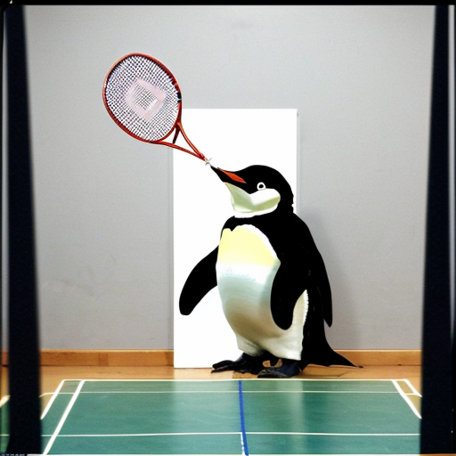 make me a picture of a penguin playing badminton with a shark
