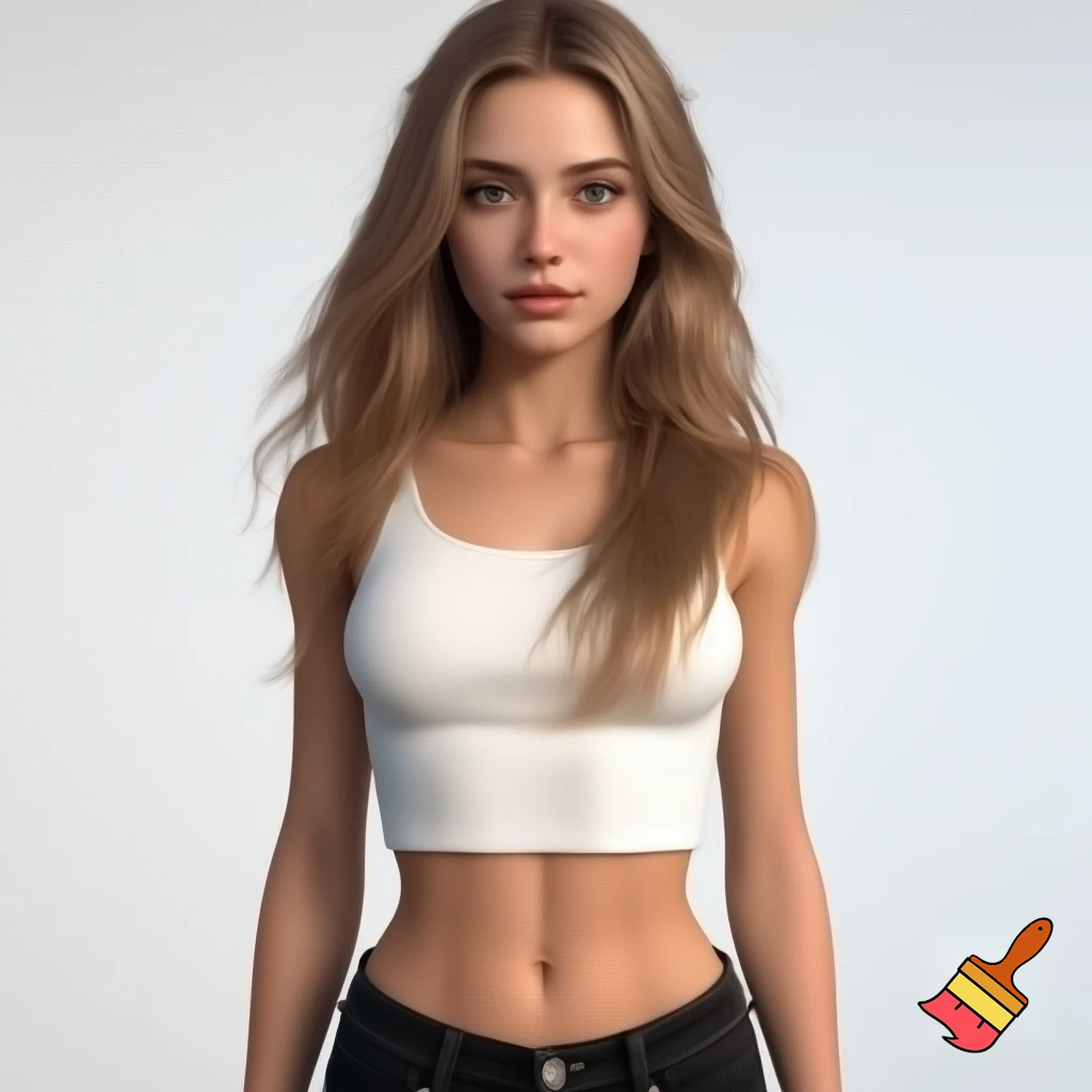 Photorealistic full body picture of a woman, approximately 22 years old, with long legs and athletic figure. She has long, naturally flowing light brown blonde hair, oval face, almond-shaped brown eyes, average eye spacing, slim straight nose, naturally full lips, soft facial features, harmonious proportion small boobies and delicate, harmonious facial features. Her overall presence is confident, natural, and modern.  Natural daylight. white croptop and black jeans.