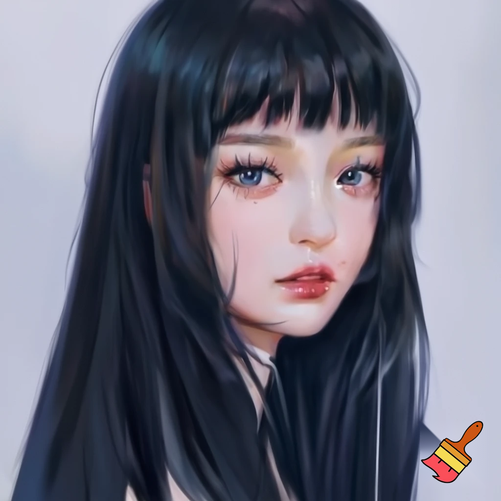 Female lead manhwa long black straight hair , ocean blue eyes, white skin ,red lips no lighting and no make up less realistic 
