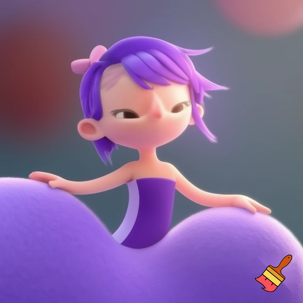 Bubble Guppies girl that has fair skin and a small, upturned nose, a gentle smile, and long eyelashes. Her hair is a vibrant shade of purple, styled in a bob with bangs and a small, light pink bow on the side. She is wearing a strapless dress that is purple with a lighter purple stripe. Her arms are extended, and her hands are visible, resting on a large, purple, rounded object, which could be a blanket or a part of a larger object.