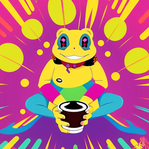 A hillarious, funny boho toad with some hippie colored coffee cups. Psychedelic decorated background. Gleaming and touch.