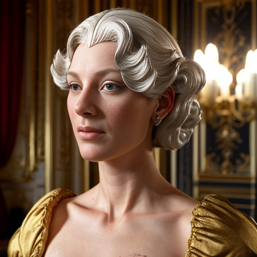 a woman wears a rococo powdered wig in versailles