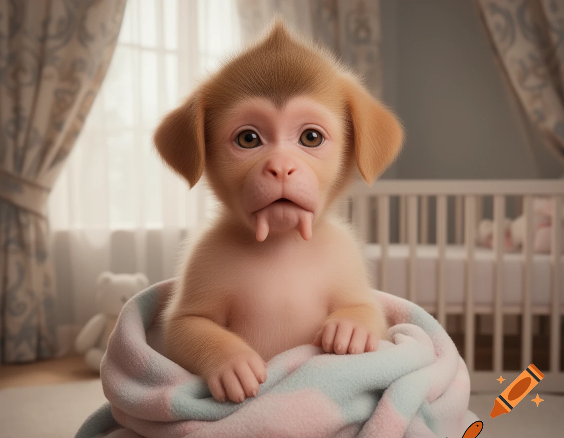 A baby human mixed with a dog and a monkey 